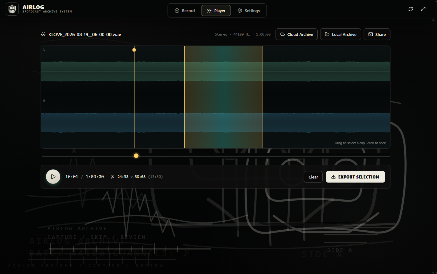 AirLog waveform player with a stereo clip selected