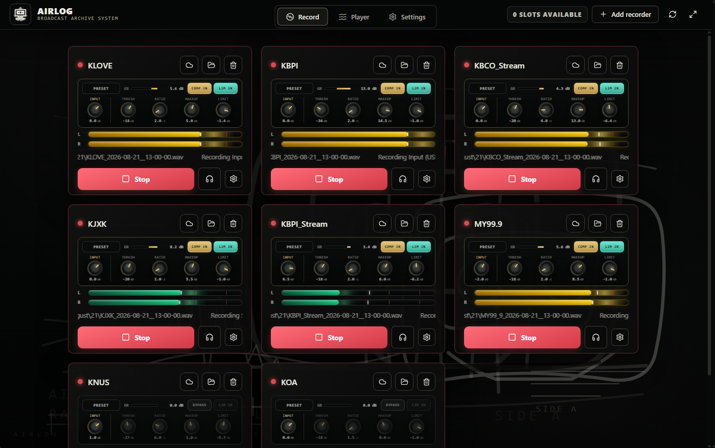 AirLog recorder dashboard showing eight recorder cards