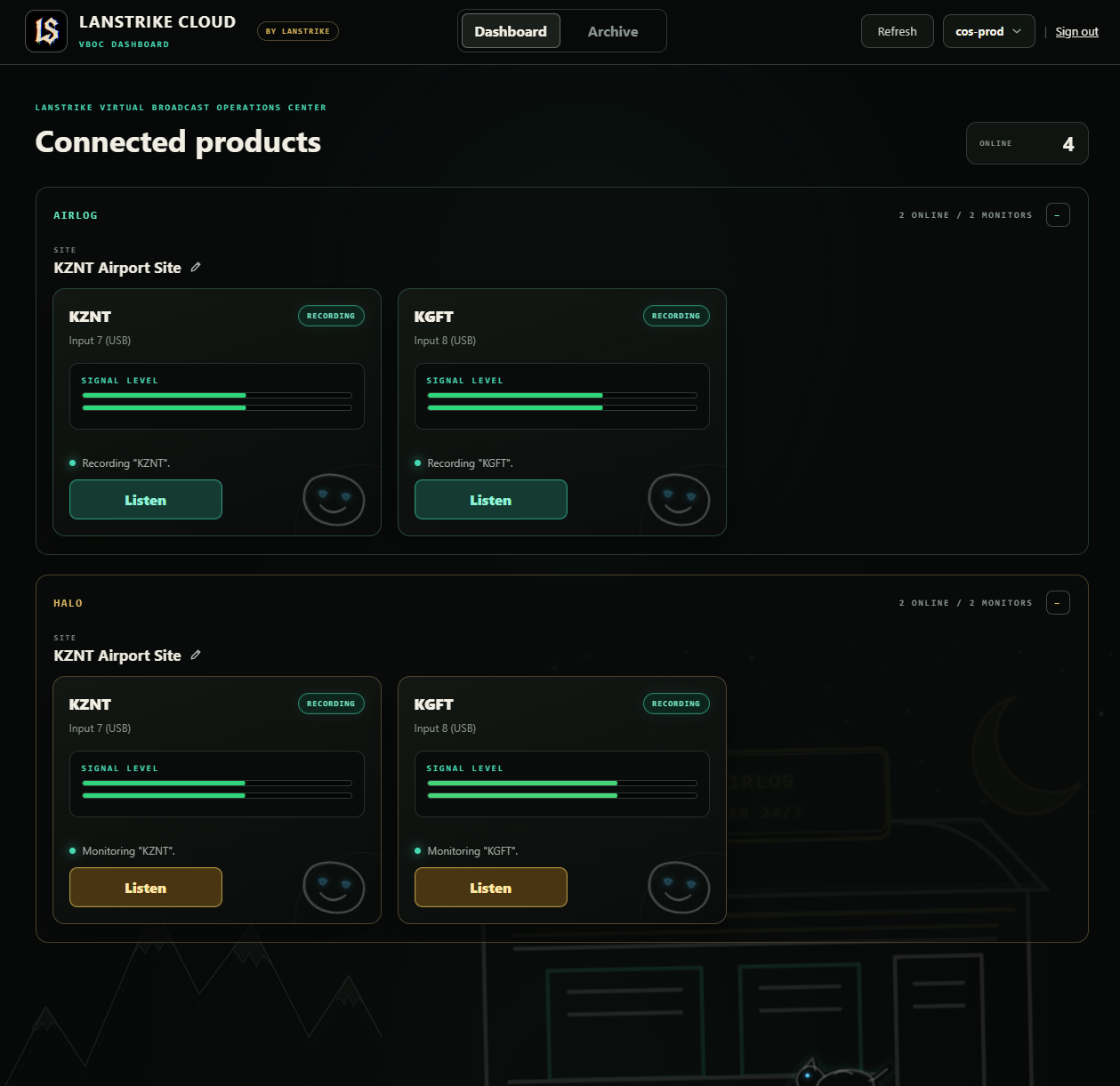 Lanstrike Cloud VBOC Dashboard showing connected AirLog and Halo product cards