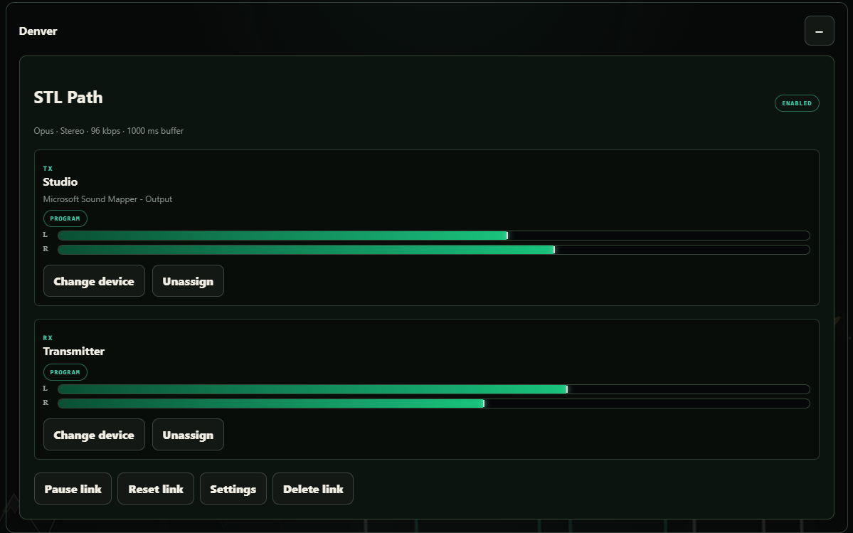 Lanstrike VBOC showing paired Glide transmitter and receiver, codec settings, and link controls