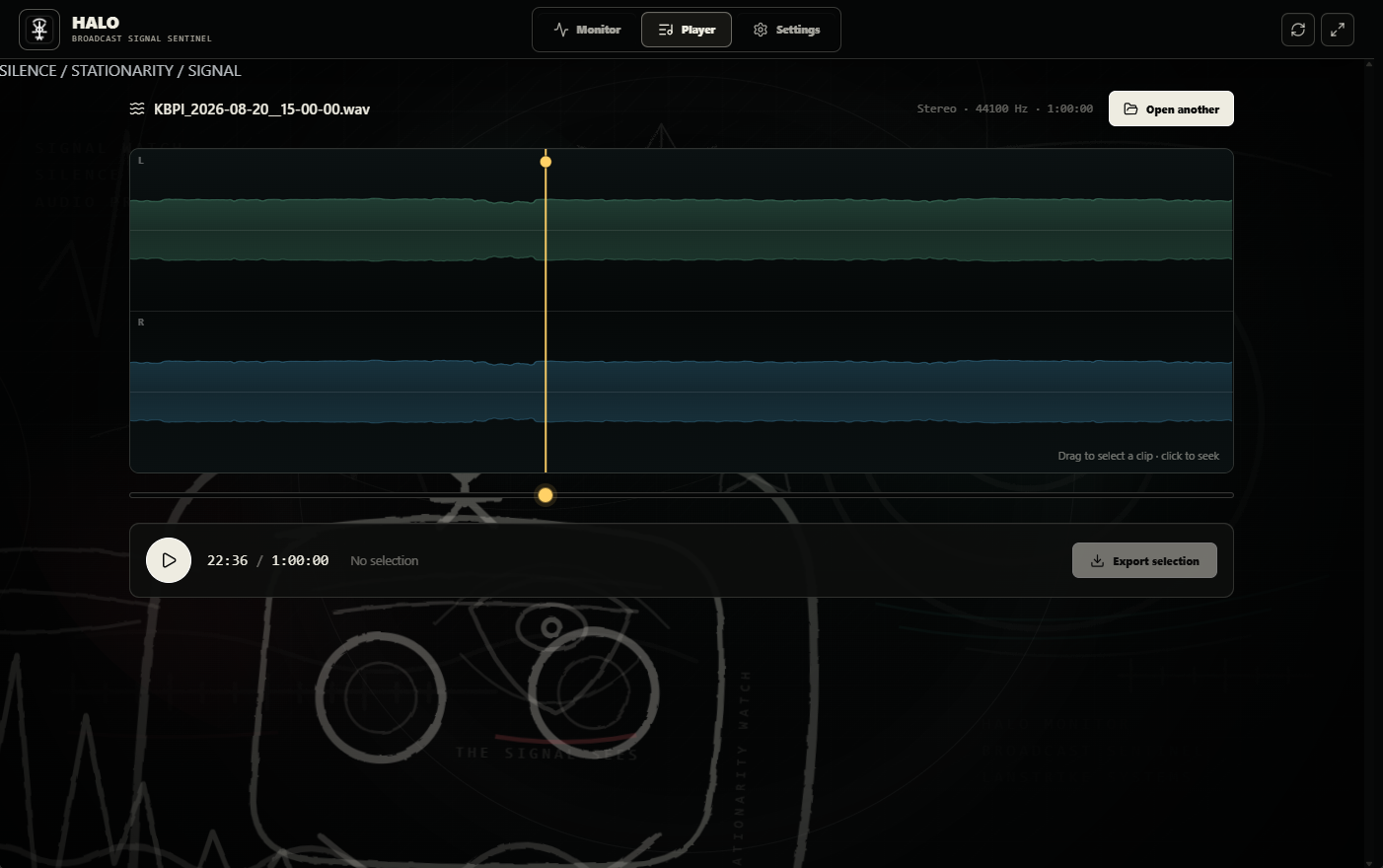 Halo stereo waveform player reviewing a one-hour recording